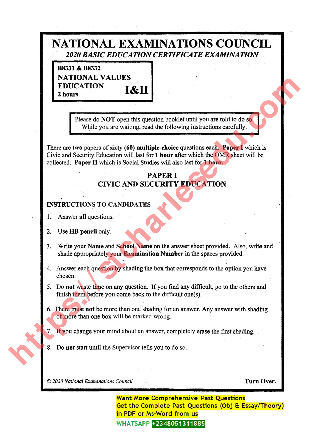 Free NECO BECE Past Questions On National Values