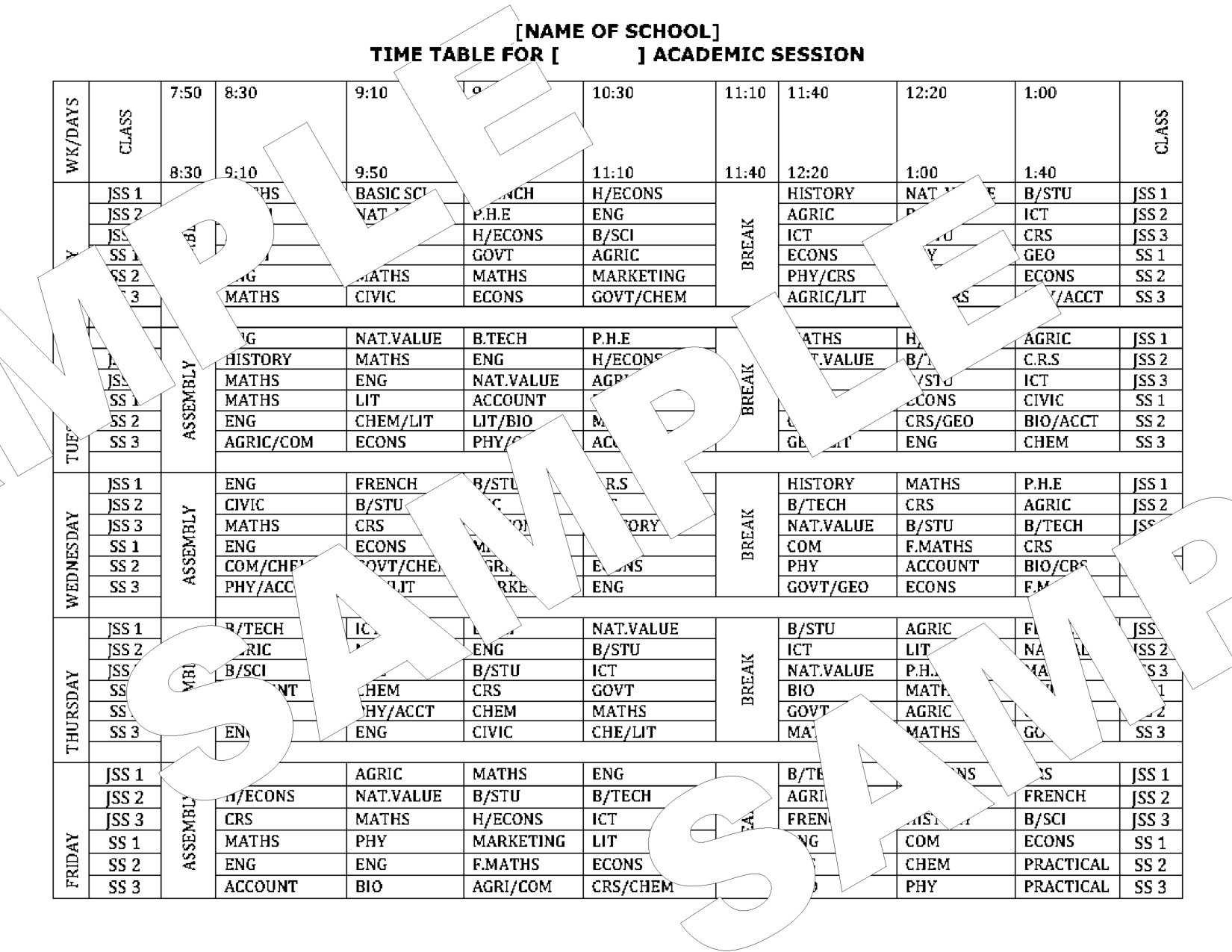 Class Time Table For Primary School In Nigeria