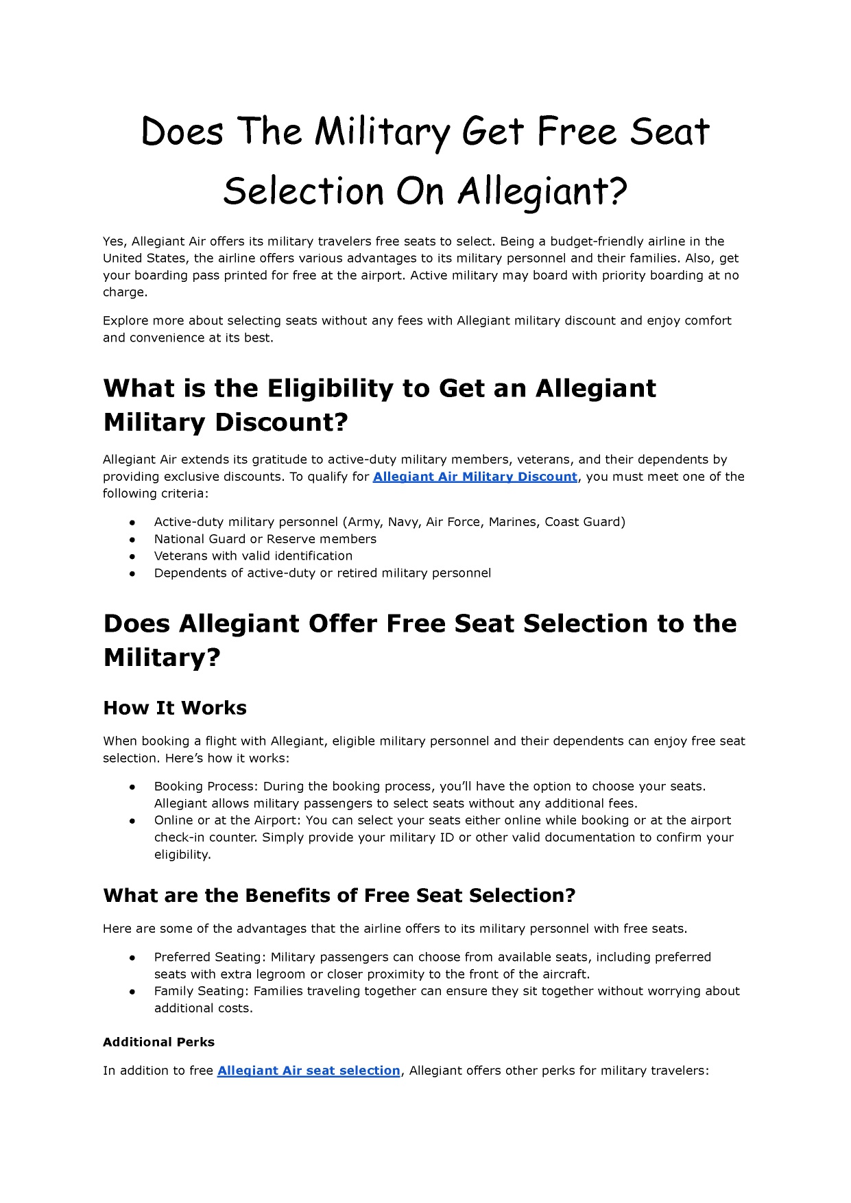 Does The Military Get Free Seat Selection On Allegiant?