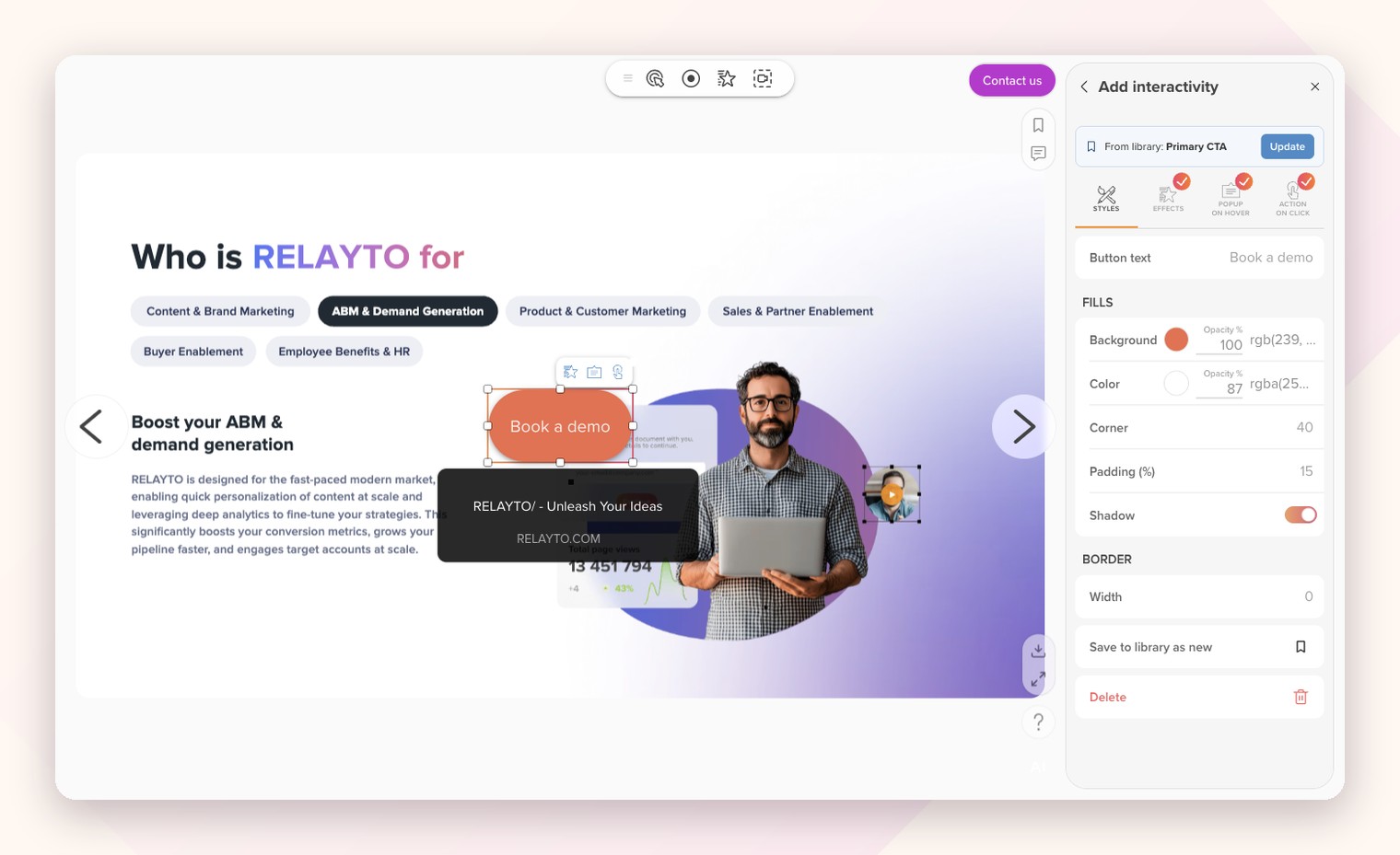 A preset placed from the library on another page, with its effects, pop-up and action ready