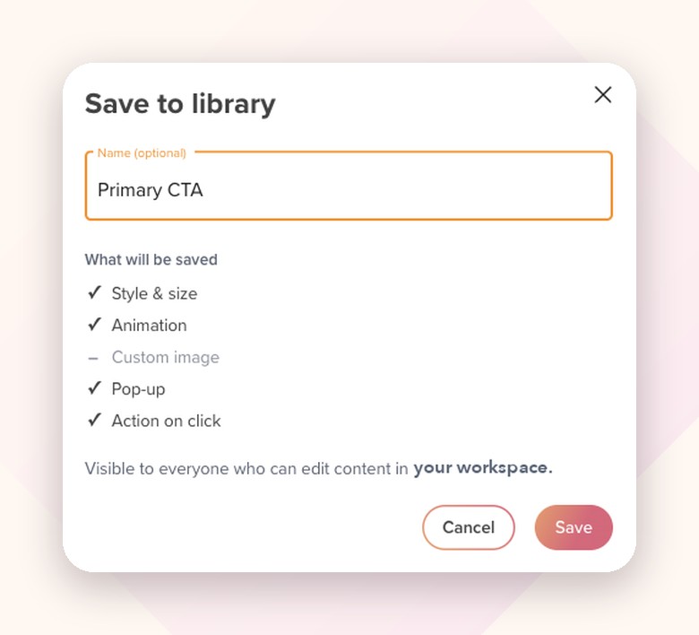 The Save to library dialog: name your preset and see what will be saved