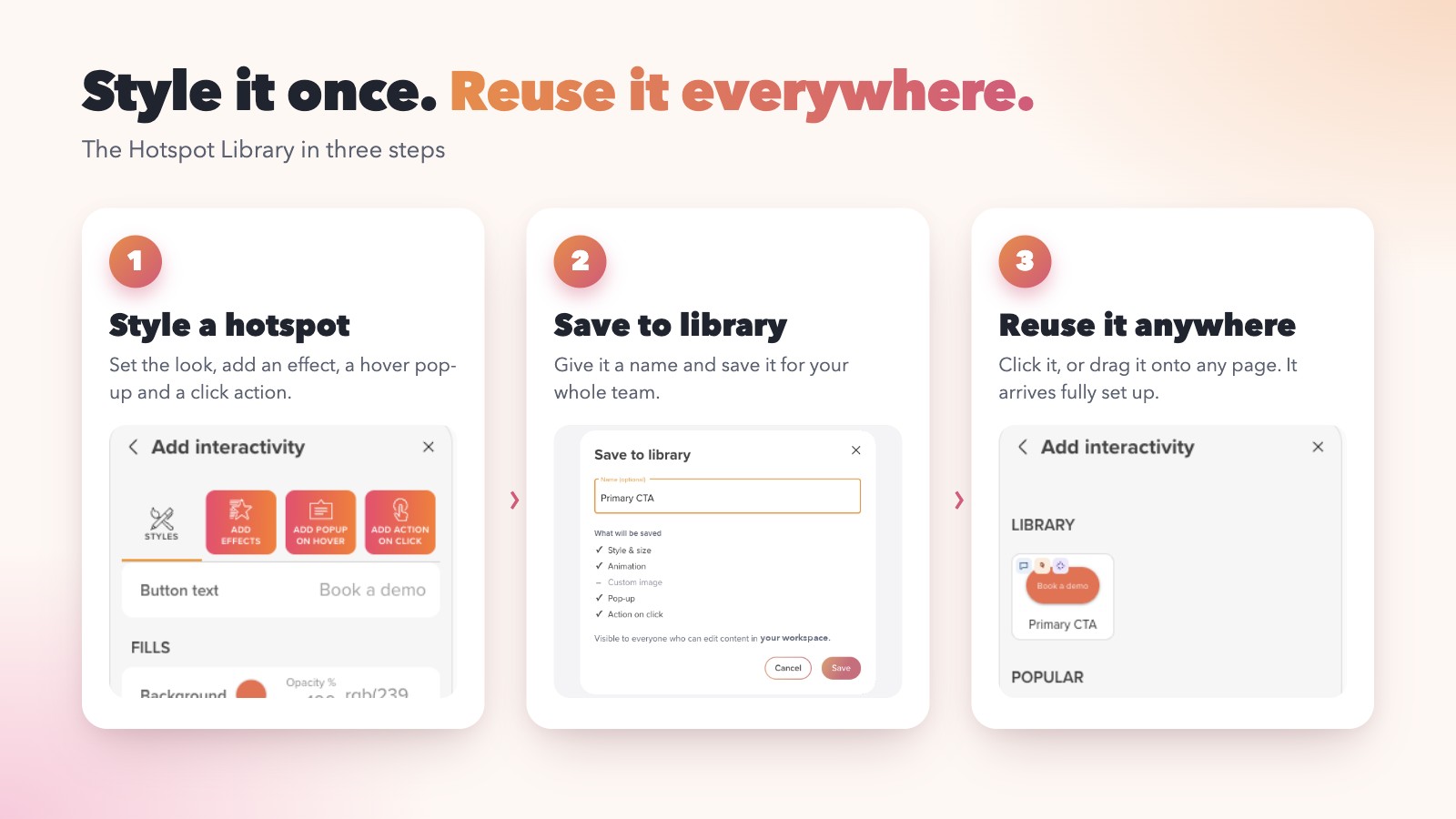 Style it once and reuse it everywhere: style a hotspot, save to library, reuse it anywhere