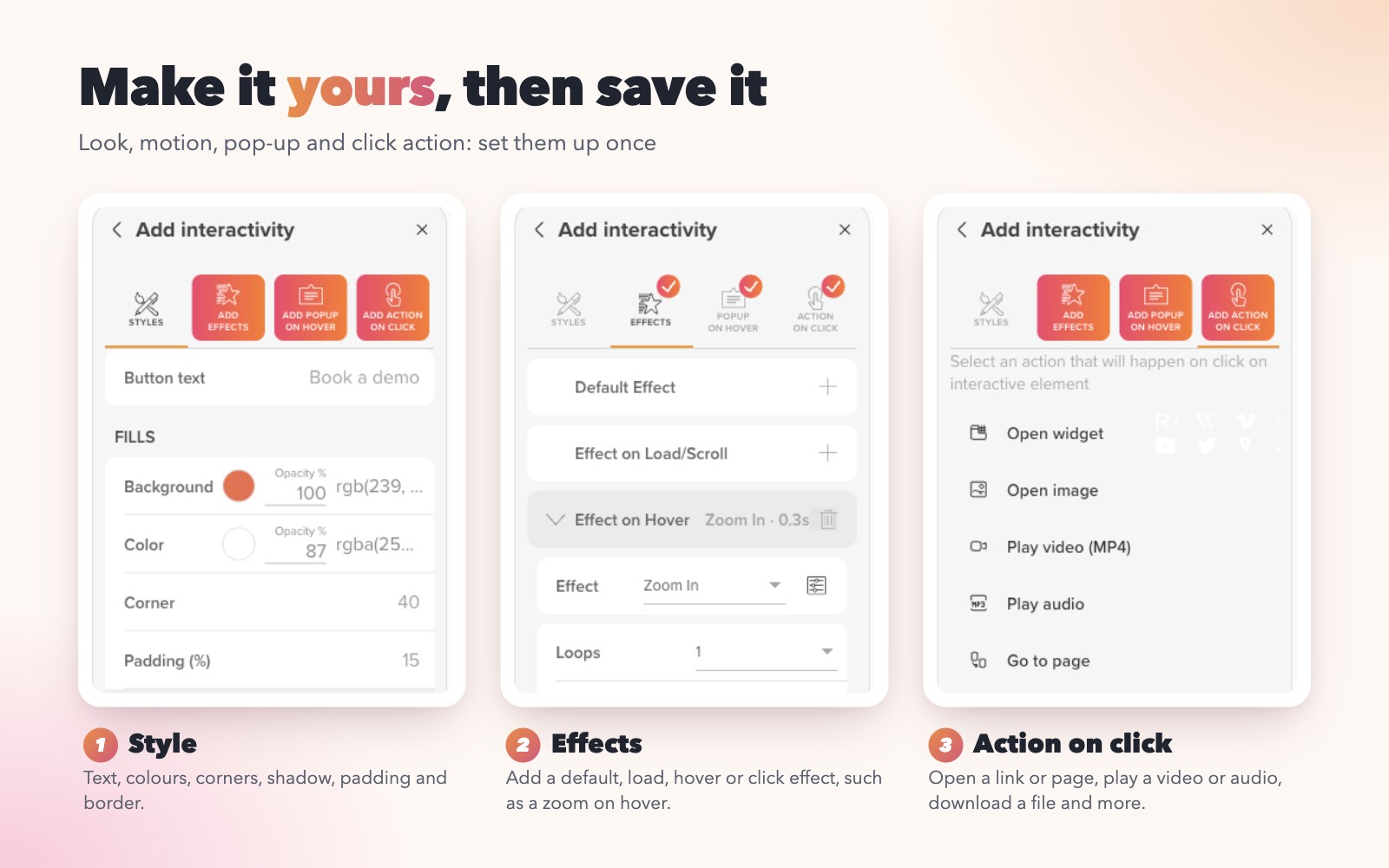 The Styles, Effects and Action on click panels in Studio