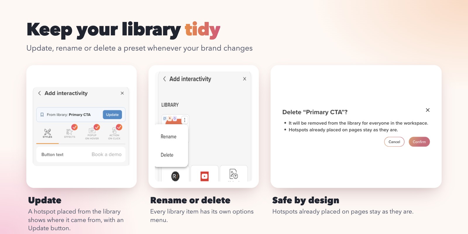 Update, rename or delete a preset; hotspots already placed on pages stay as they are